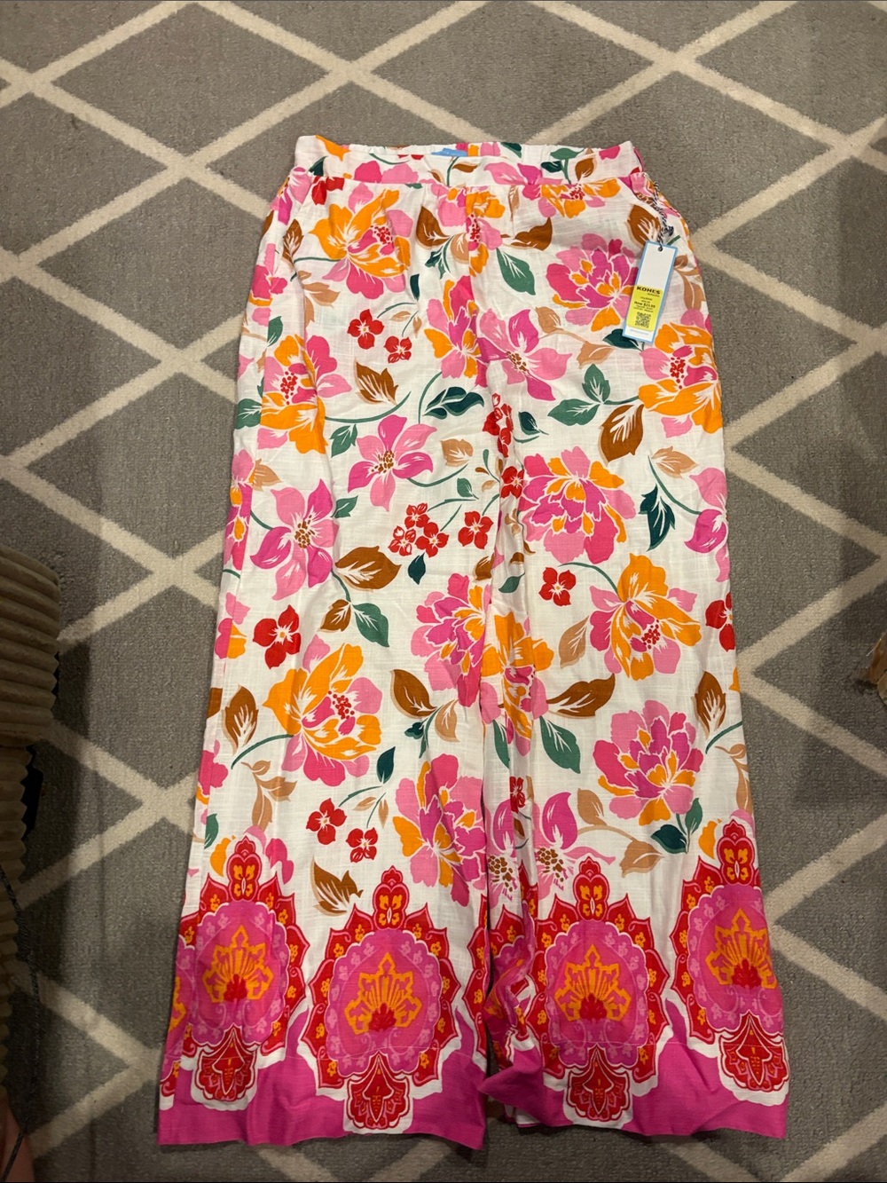 Draper James Cream Wide-Leg Pants with Pink, Orange & Green Floral Print